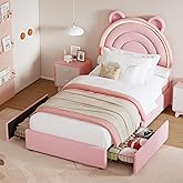 Garvee Princess Twin Size Bed Frame with 2 Storage Drawers & LED Lights, Velvet Upholstered Platform Bed with Rainbow Headboard for Kids/Girls, Solid Wood Slats Support, No Box Spring Needed, Pink