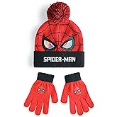 Marvel Spiderman Boys Beanie Hat & Gloves Set | Red & Black Knitted Winter Hat with Spiderman Eyes & Web | Kids One Size Pom