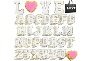 Acrebow 104 Pcs White Chenille Letter Patches & Extra 4 Heart Patches Self Adhesive Stickers Iron on Sew On Embroidered Applique Cute Varsity Glitter Stick On Alphabet for Clothing Hats Jeans Fabric