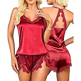 RSLOVE Women Pajama Set Sleepwear - Satin Pajamas Silk V Neck Cami and Shorts Pjs 2 Piece Womens Sexy Lace Lounge Nightwear