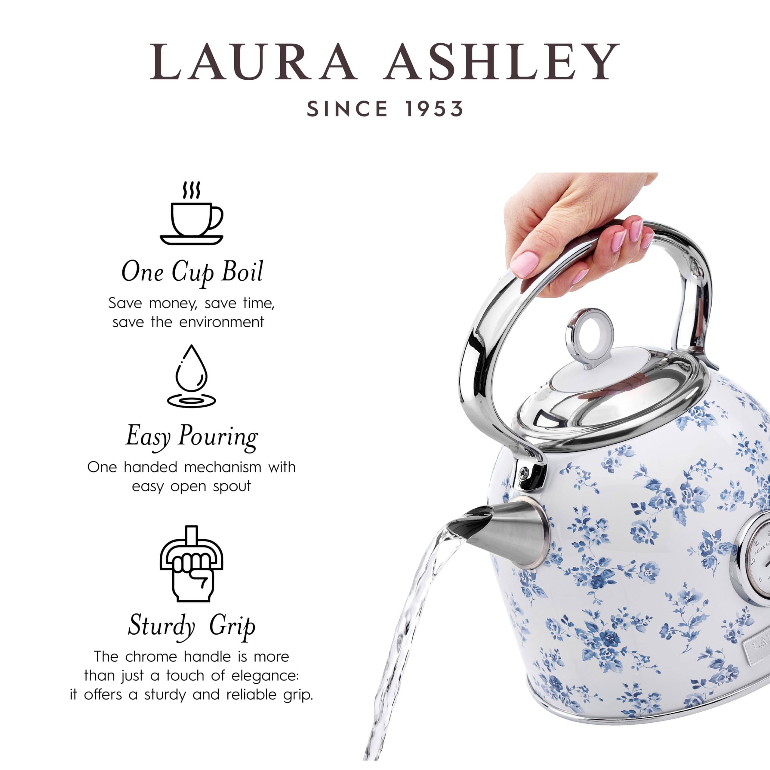 Laura Ashley Hervidor eléctrico de acero inoxidable de 1,7 litros - Hervidores eléctricos de ebullición rápida de 1500 W para hervir agua - Hervidores de té eléctricos con apagado automático - Protección contra sobrecalentamiento y ebullición en seco Hervidor inalámbrico