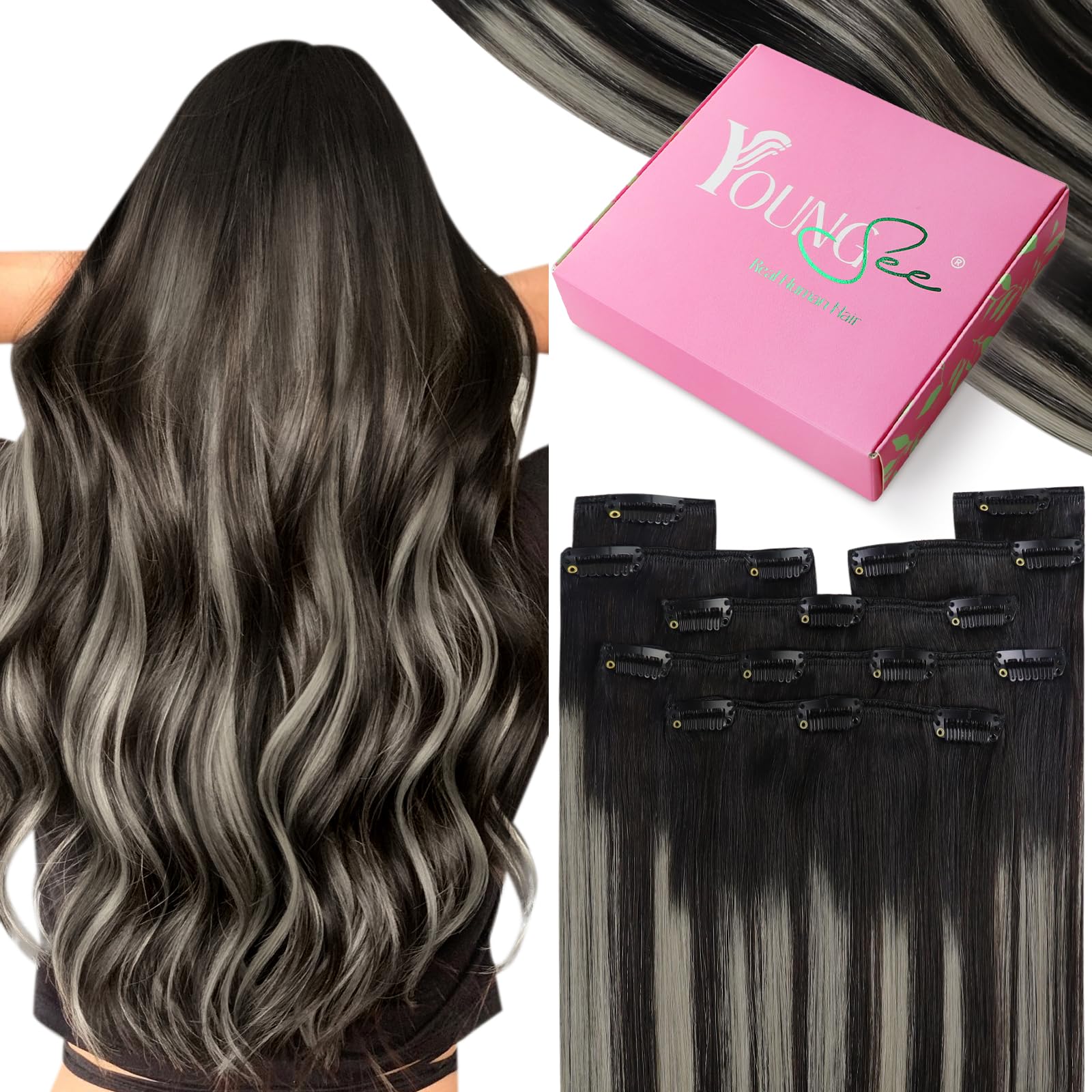 YoungSee Clip in Human Hair Extensions Black 16inch Human Hair Clip in Extensions Black Root Ombre to Silver Clip in Hair Extensions for Wedding 120g Reusable 7 Separate Pieces Easy to Install