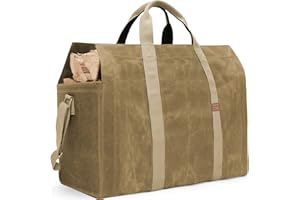 INNO STAGE 22oz Waxed Canvas Fire Wood Log Carrier Tote Bag for Fireplace with Patented Self Standing Design for Hay Hauling Outdoor Camping or BBQ Barbecue- Khaki