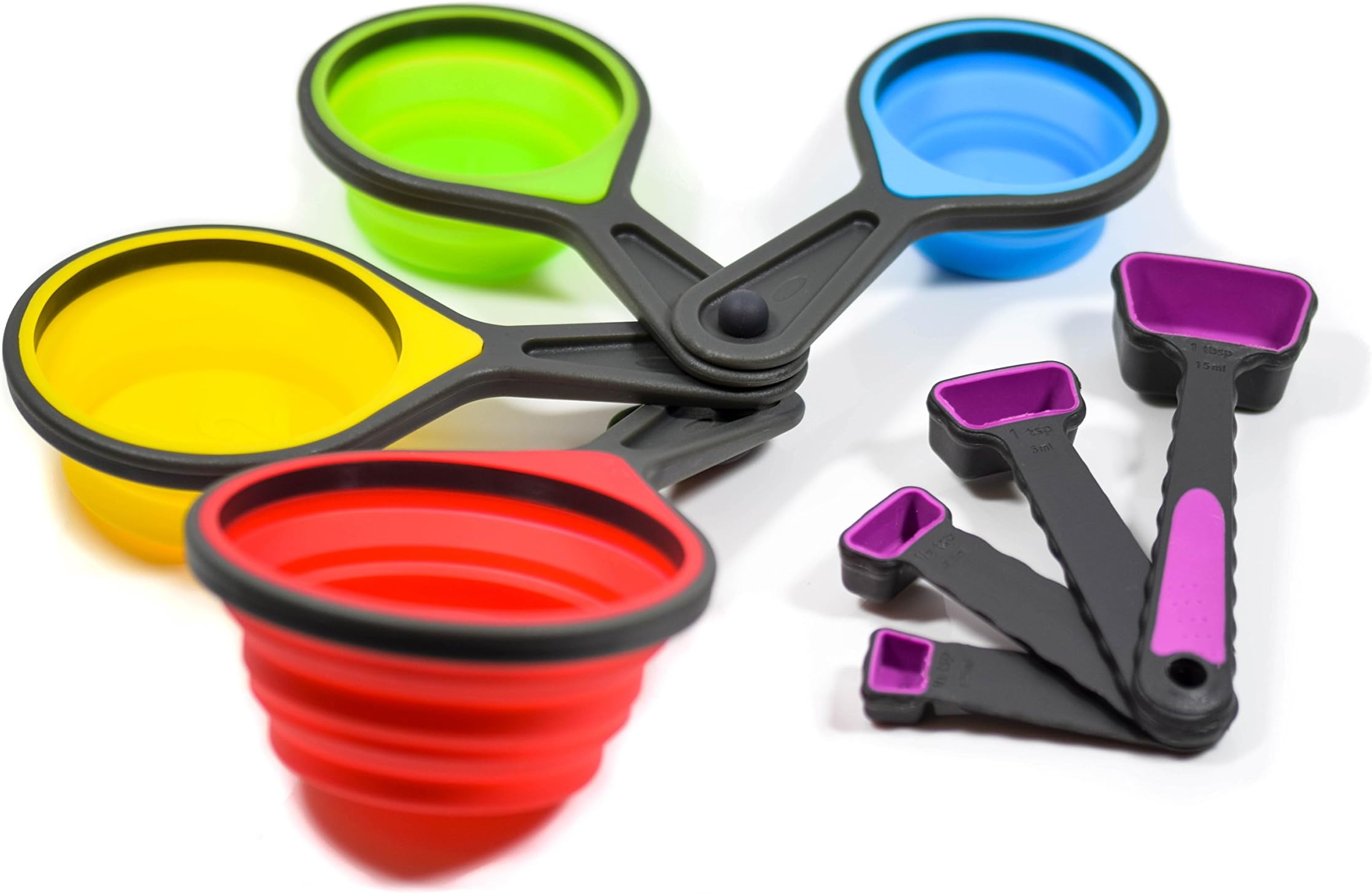 8 Premium Collapsible Silicone Measuring Cups & Spoons – 8 Piece Folding/Collapsible Colored Set – Converse Draw Space – Kitchen Utility – Use For Dry And Wet Ingredients – By Utopian