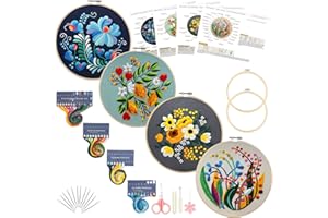 Picoey Modern Flower Heart Embroidery Kit for Beginners with Pattern and Instructions,4 Pack Cross Stitch Kits,2 Wooden Embroidery Hoops,Threads and Needles,Needlepoint Kit for Adults