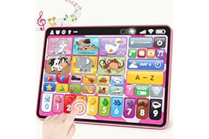 PEACURH Trilingual Learning Toy Tablet with Music & Sound, Montessori Speech Therapy Toys for 1 Year Old Girl Boy Musical Baby Toy 12-18 Months Toddler Girl Toys Age 1-2 2-3 Birthday Gifts (Pink)