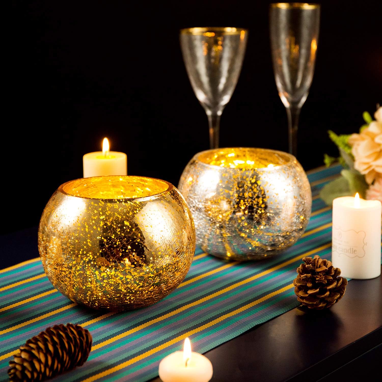 Diamond Star Votive Candle Holders Mercury Glass Tealight Candle Holder Ice Cracked Glass Bowl Candle Holder for Home Wedding Tables (Gold): Home & Kitchen