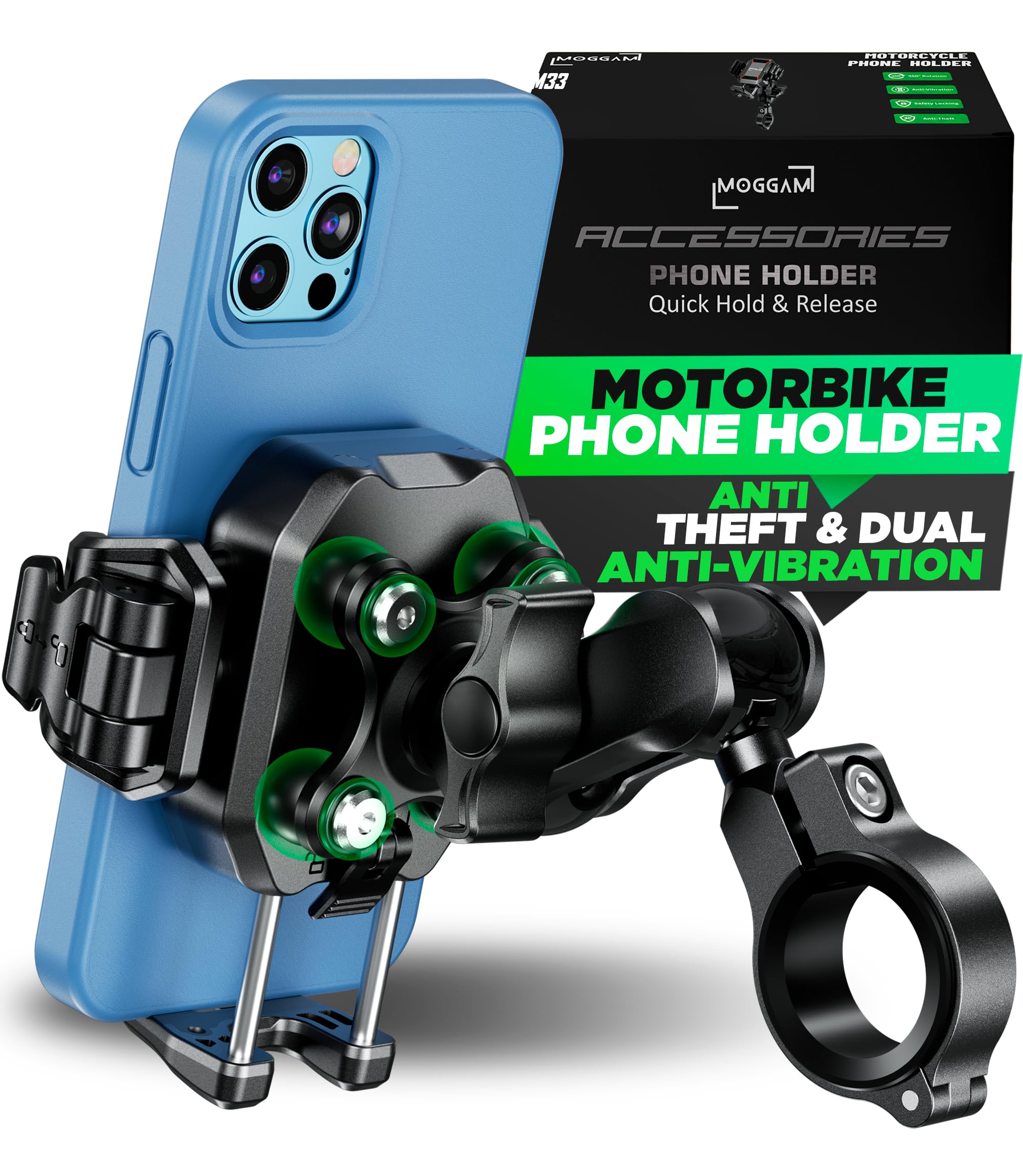 Motorcycle Phone Holder Trail Anti Vibration Anti Theft Quick Release 360° CNC Aluminum Arm Secure Handlebar Mount for Phones 5.4-7.2" Camera Clear Adventure Touring Offroad Stable Plus Lock System