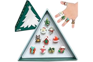 STAR PRINCESS Christmas Stocking Stuffers Jewel Rings for Kids, Set of 10 Christmas-Themed Adjustable Holiday Dress-Up Rings for Girls in Christmas Tree Gift Box, Christmas Gift for Girls Age 3 4 5 6 7 8 and Up