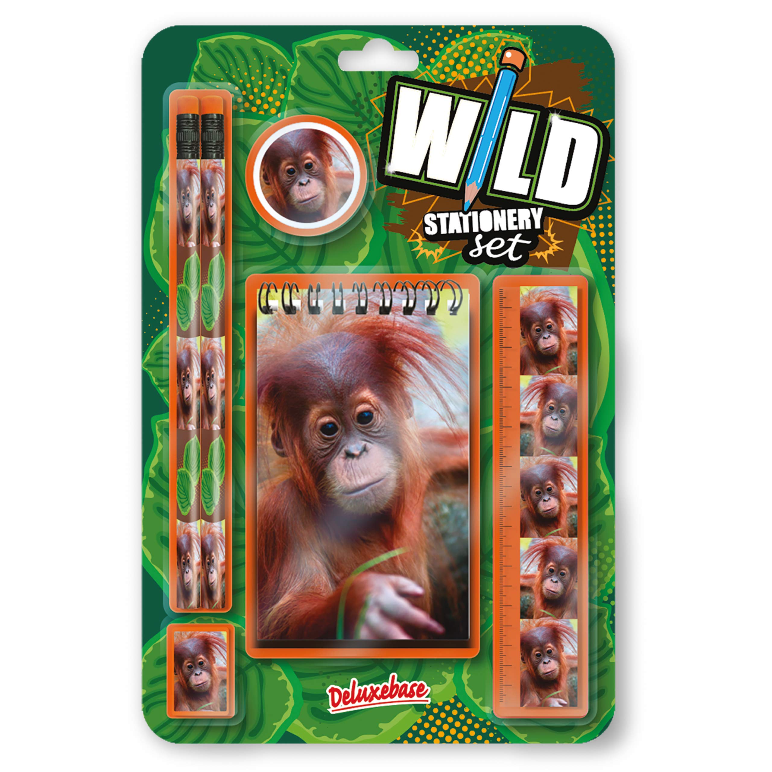 Deluxebase Wild Stationery Set – Orangutan, 6 Piece School Supplies Set including Notebook, 2 Pencils, Ruler, Pencil Eraser and Sharpener, Fun Animal Stationery Gifts for Kids and Students.