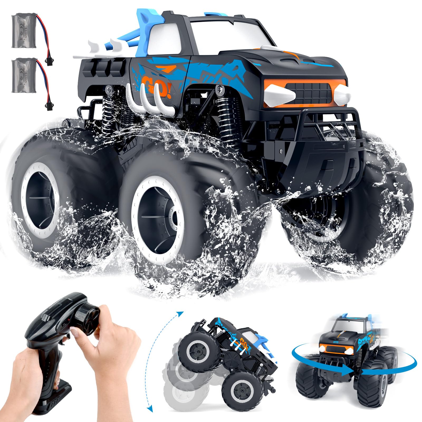 Gindoly Ferngesteuertes Auto,2,4 GHz Ferngesteuerter Monstertruck, 4WD 15+ km/h Hobby Offroad RC Auto, Wasserdicht Geländewagen Auto mit 2 Batterien, Spielzeug für Kinder ab 6 7 8 9 10 11 12 Jahre