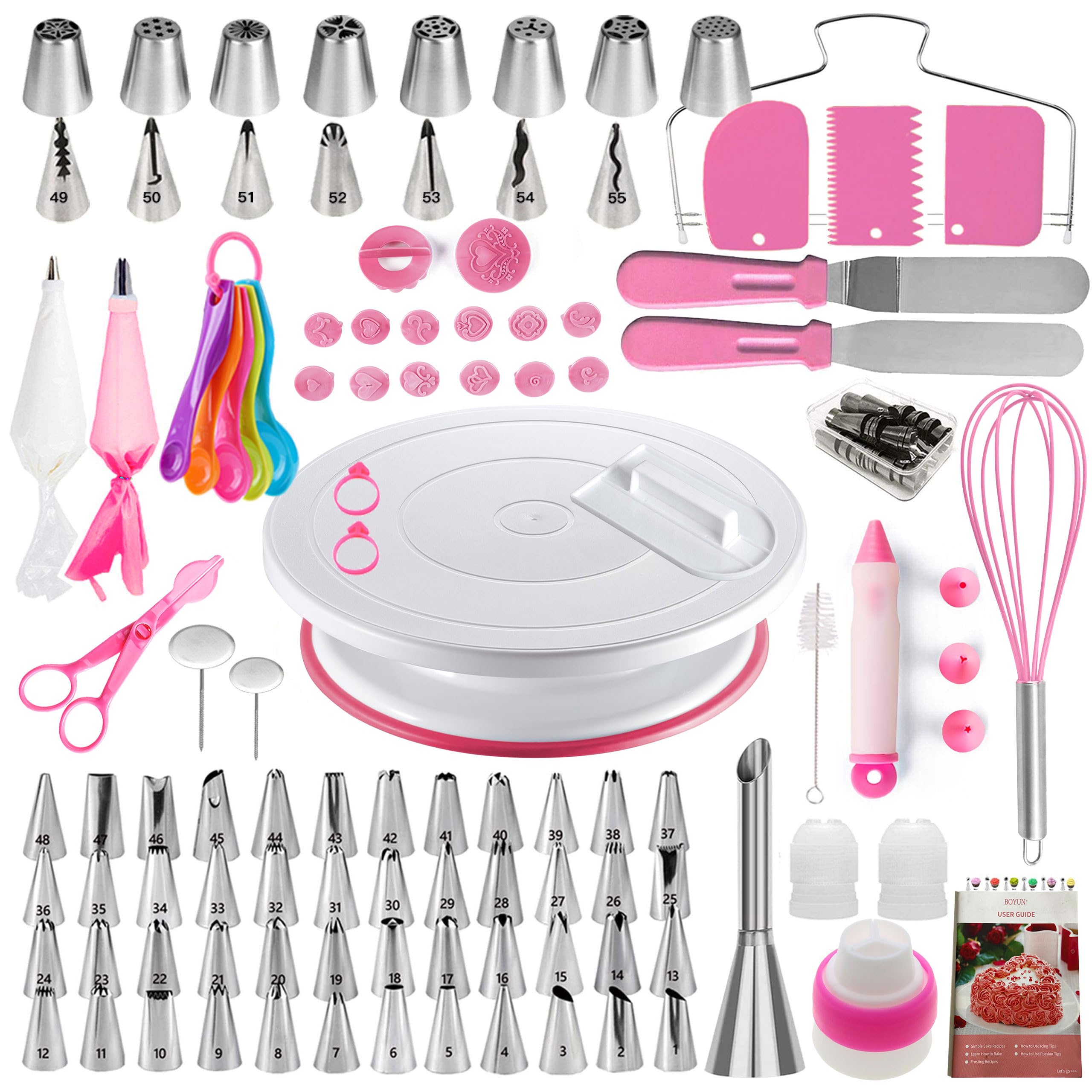 Cake Decorating Kit, 137pcs Cake Decorating Supplies with Cake Turntable for Decorating, Pastry Piping Bag, Russian Piping Tips Baking Tools, Cake Baking Supplies for Beginners (Pink)
