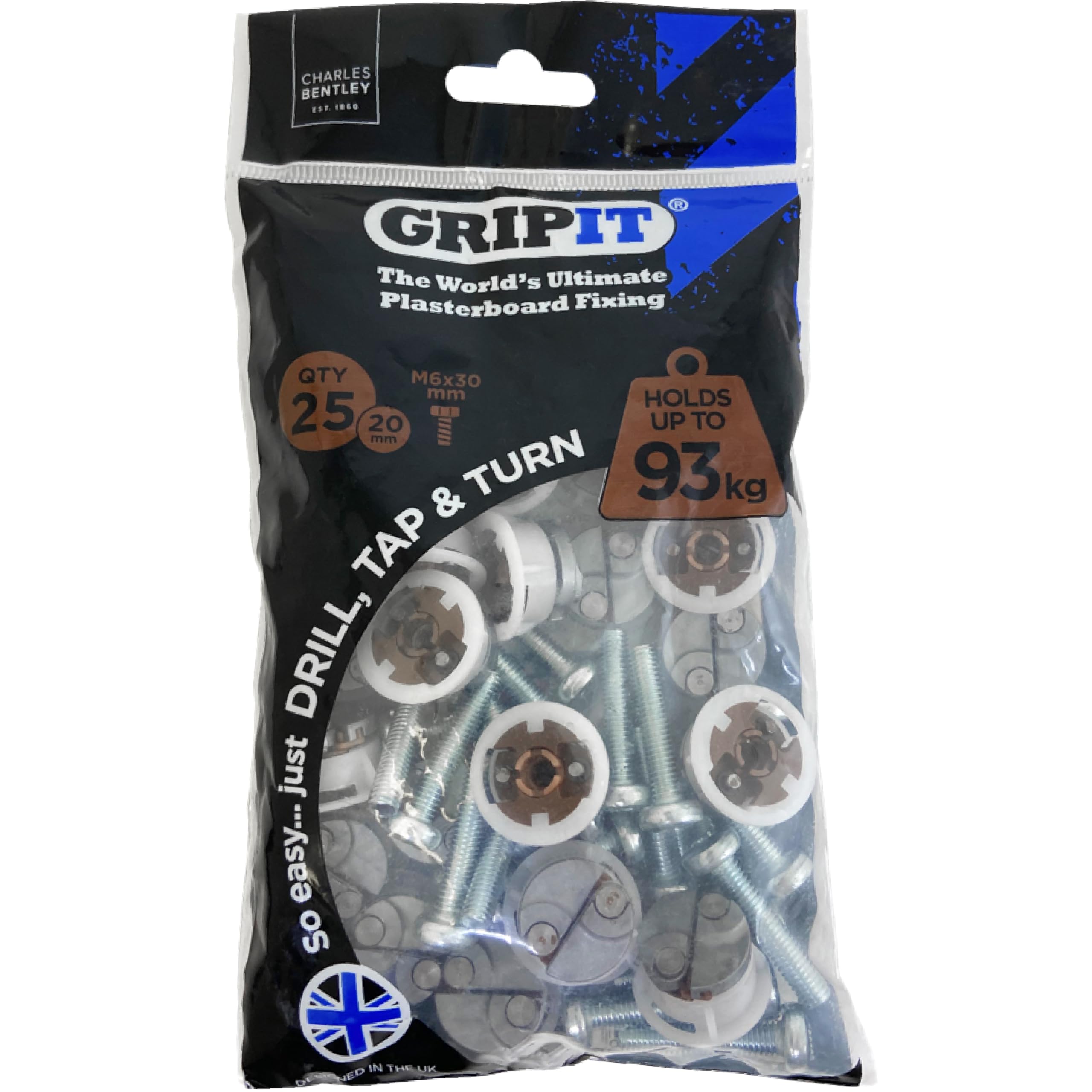 Gripit Brown Plasterboard Fixings - Pack of 25 - Heavy Duty Stud Wall fixings - Plasterboard Anchors - Ideal for Radiators, AV Equipment and Lighting - Easy Install - Holds Up to 93kg - UK Designed