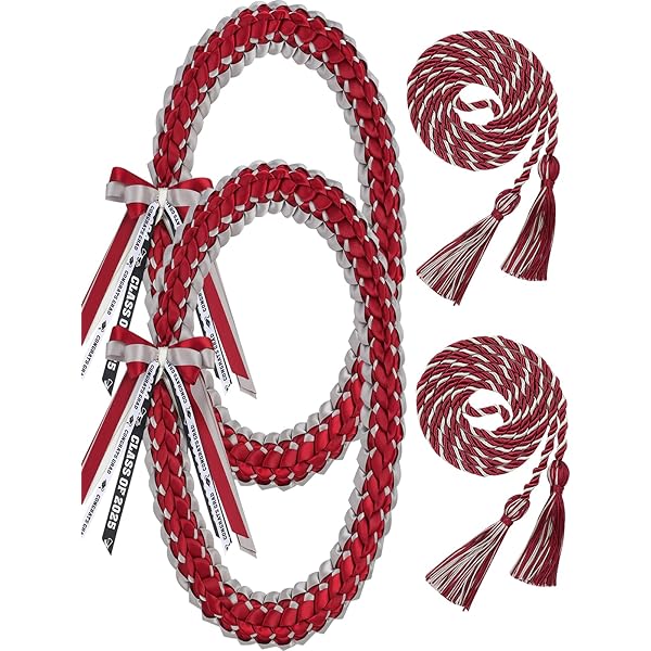 3-Piece Graduation Braided Necklace Set - Black & Red Honor Cord With Kukui Nut Lei & Ribbon