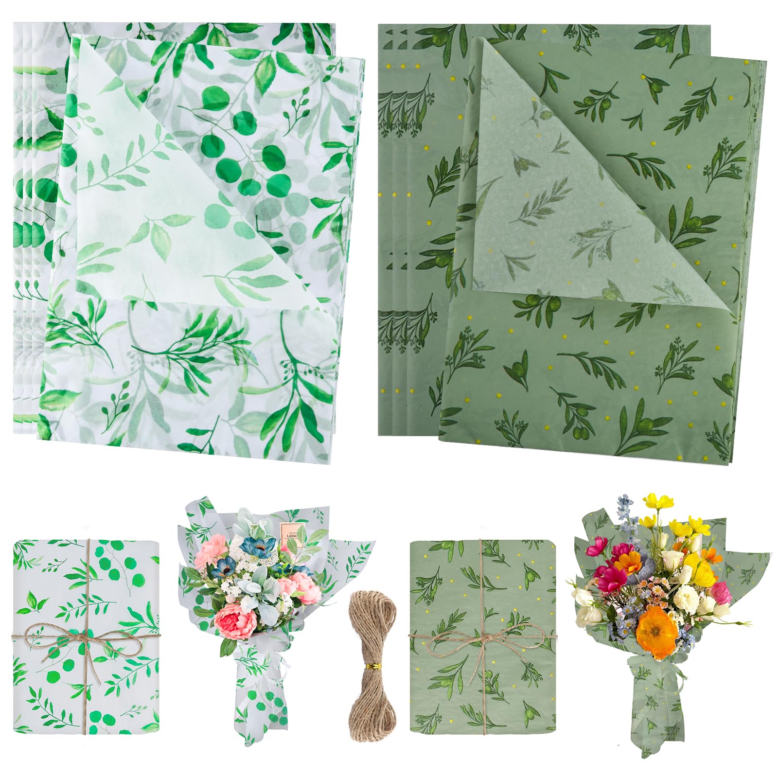 40 Sheets of Leaf Green Tissue Paper Sheets with 1 Bundle of Twine, 2 Styles of Tissue Paper for Wrapping Gifts, Tissue Wrapping Paper for Packaging Bouquets, Gifts, Candy