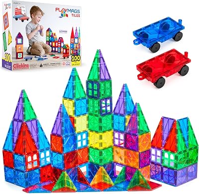Playmags 100 Piece Magnetic Building Blocks Set Learn Shapes Colors ABCs