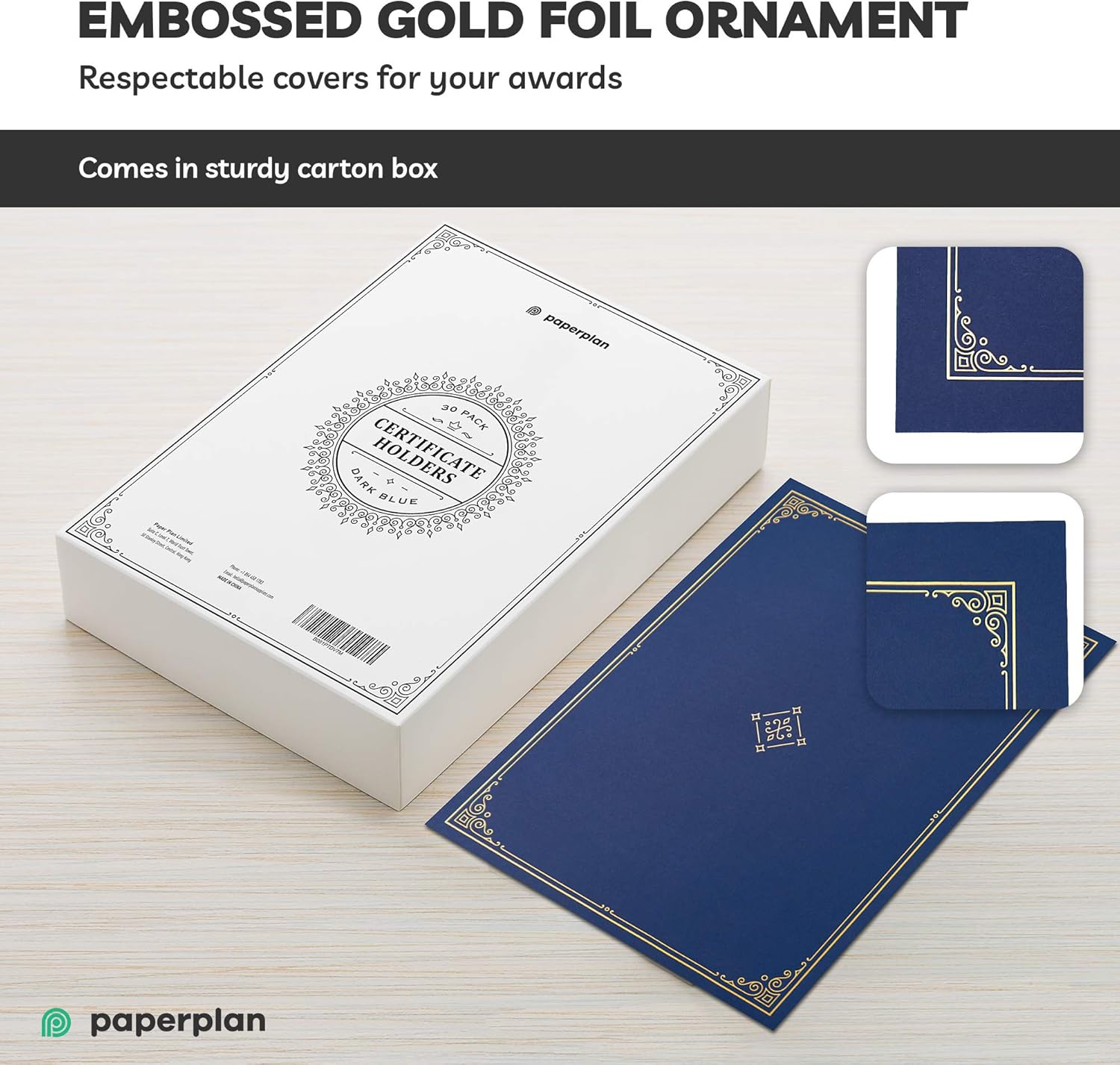 Blue Certificate Holders 8.5x11" (30 Per Set) - Gold Foil Border, Die Cut Corner Slots, Reinforced Edges - Protect and Secure Graduation Diploma, Recognition, Award, Documents // Paper Plan : Office Products