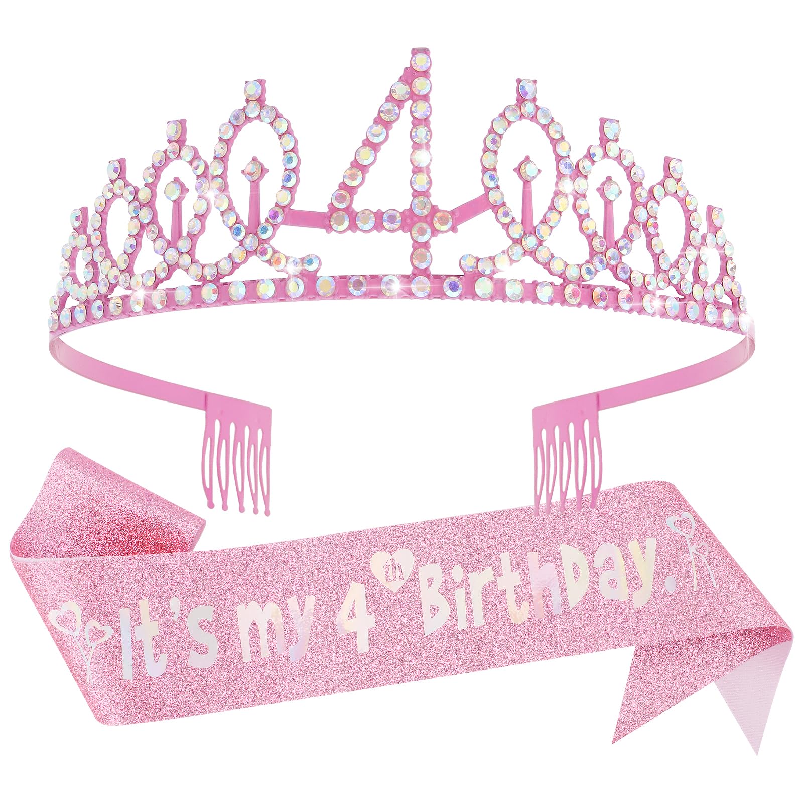 Photo 1 of Canitor 4th Birthday Decorations for Girl Birthday Girl Crown Tiara & Glitter Sash Set for 4 Year Old Girl Birthday Decorations Gift Princess Birthday Girl Headband 4th Hat