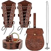 4 PCS Renaissance Accessories, Medieval Viking Belt Faux Leather Belt Pouch Vintage Buckle Arm Bracers and Thors Hammer Necklace Viking Costume Set for Halloween and Cosplay