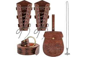 IIENJOY 4 PCS Renaissance Accessories, Medieval Viking Belt Faux Leather Belt Pouch Vintage Buckle Arm Bracers and Thors Hammer Necklace Viking Costume Set for Halloween and Cosplay