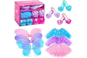 Princess Dresses for Girls Fairy Wings, BIBUTY Dress Up Clothes Pretend Play Costumes Trunk with 3 Sets of Princess Dress Up Shoes, Glitter Girls Tutu Skirts and Butterfly Wings, Toys for 3-6 yr Girls
