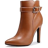 IDIFU Women's Dana Pointed Toe Stiletto High Heels Ankle Booties Side Zipper Short Boots with Metal Buckle