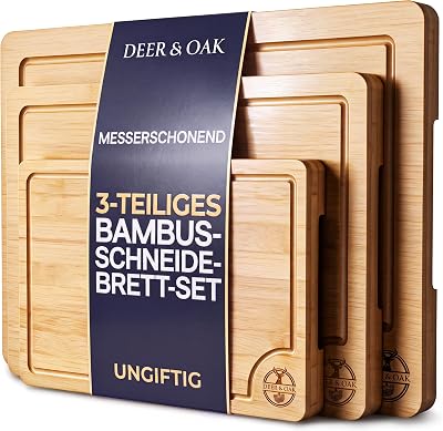 Schneidebrett Holz Bambus Set 3-teilig, vorgeölt mit Saftrille