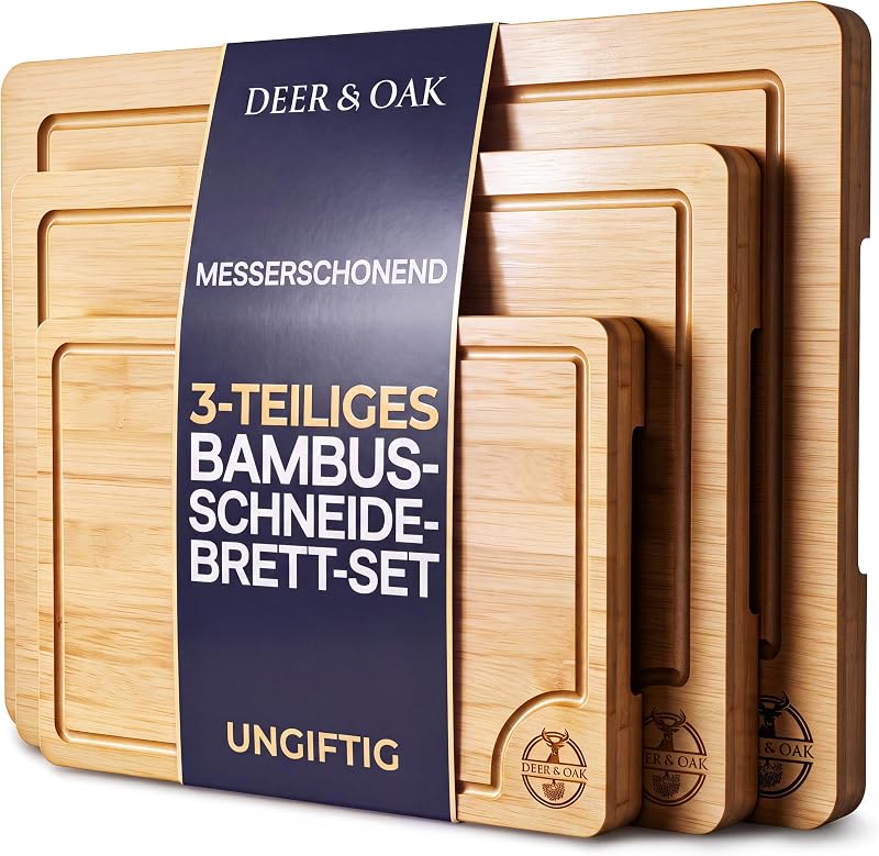 Schneidebrett Holz Bambus Set 3-teilig, vorgeölt mit Saftrille — Foto 1 von 8