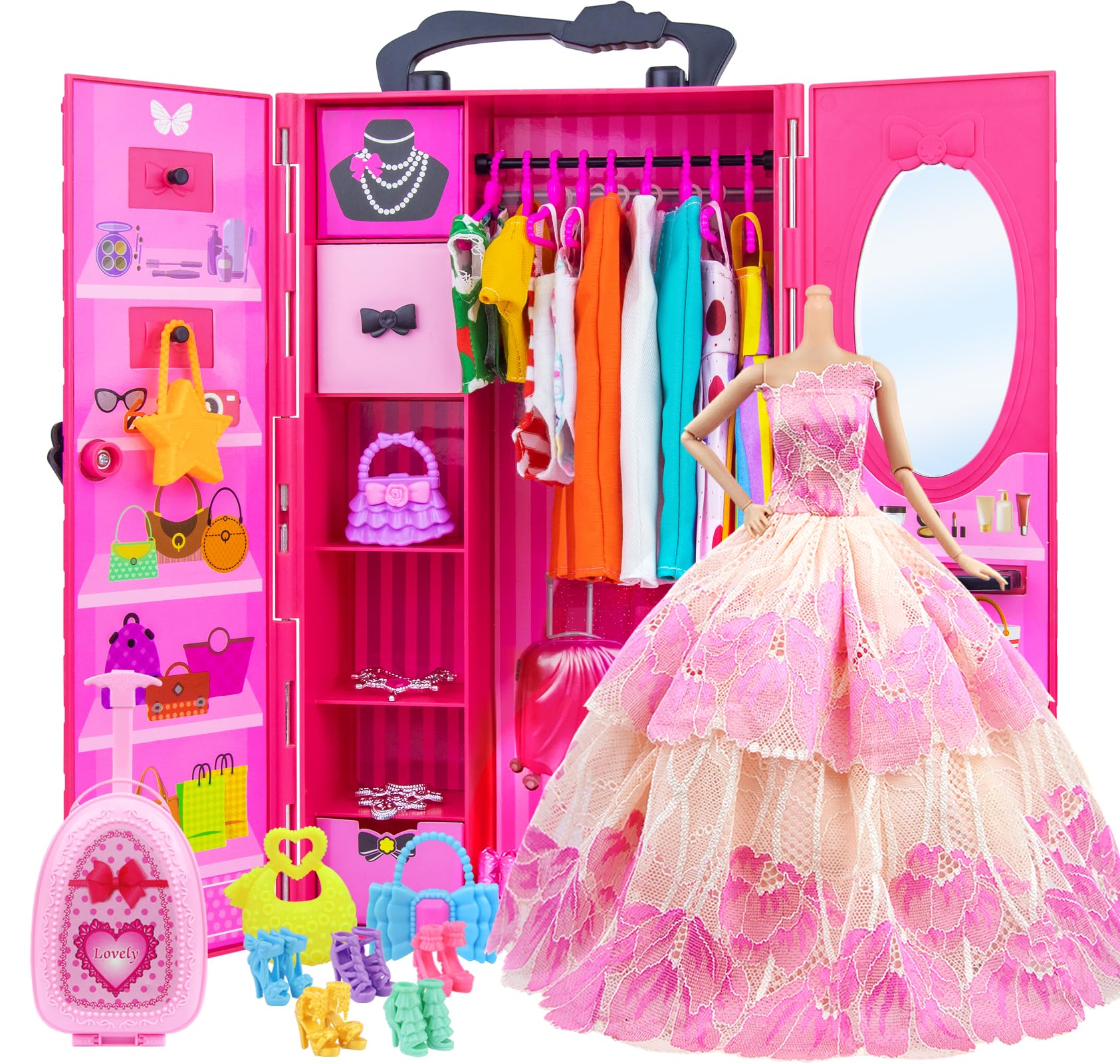 ZITA ELEMENT 101PCS Doll Dream Closet Wardrobe Set for 11.5 Inch including Closet Wardrobe Suitcase Casual Clothes Gowns Swimsuits Mini Dresses Necklaces Shoes Bags Hangers (Doll Not Included)