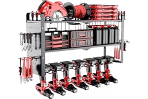 TOYEAR Mens Gifts Power Tool Organizer Wall Mount With Pegboard - 7 Drill Holder - Garage Organization Storage Rack For Cordless Tool - Heavy Duty Metal Tool Shelf