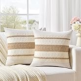 Fancy Homi Set of 2 Boho Neutral Decorative Throw Pillow Cover 18x18 Inch for Couch Bed Sofa, Aesthetic Modern Organic Farmhouse Home Decor, Soft Cotton Cute Accent Macrame Woven Tan Cushion Case