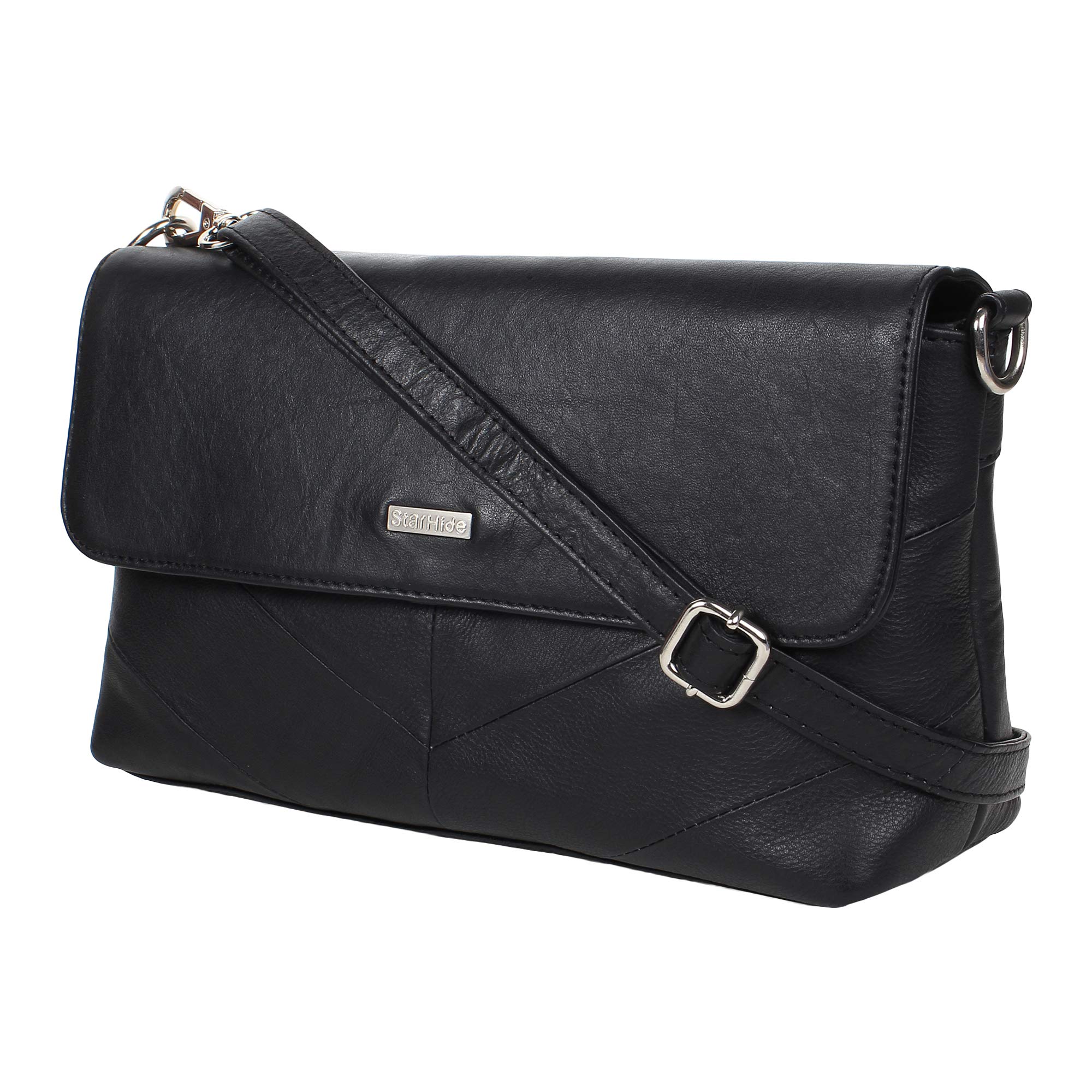 STARHIDE Ladies RFID Blocking Pocket Crossbody Shoulder Bag Handmade Genuine Leather Flapover Tote Bags for Women with Adjustable Strap 5620 (Black)