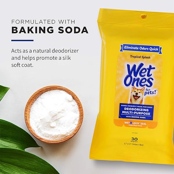 WET ONES FOR PETS DEODORIZING MULTI-PURPOSE DOG WIPES WITH BAKING SODA DOG DEODORIZING WIPES FOR ALL DOGS IN TROPICAL SPLASH SCENT,WET ONES WIPES WITH WET LOCK SEAL POUCH DOG WIPES(PACK OF 1,30 COUNT)