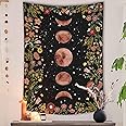 Rexful Moonlit Garden Tapestry, Moon Phase Surrounded by Plants and Flowers Black Wall Hanging Blanket 36×48 inch