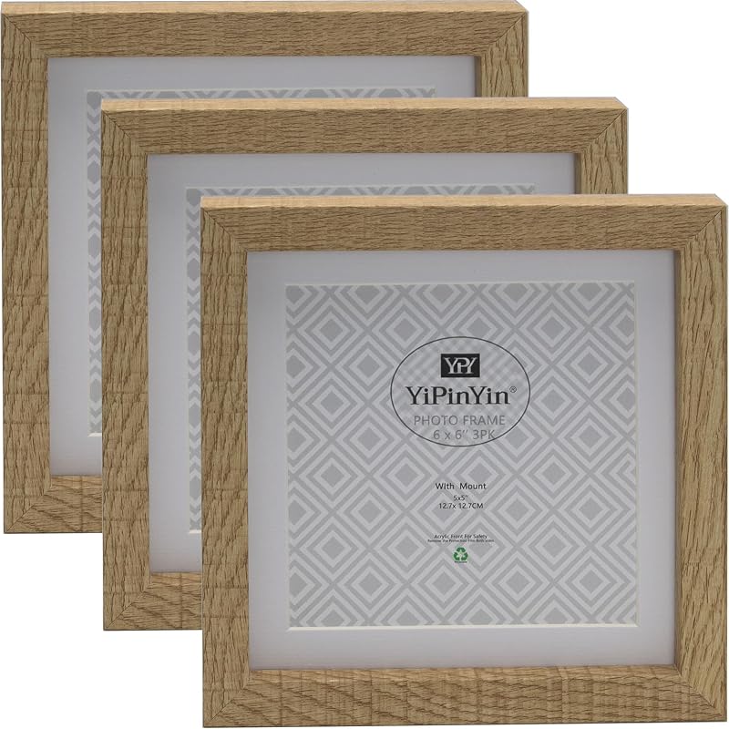 YiPinYin 6x6 Inch Square Photo Frame Set of 3 with Mount 5x5 Inch