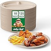 JOLLY CHEF Compostable 𝟯 Compartment Paper Plates 𝟭𝟬 𝗜𝗻𝗰𝗵 [𝟭𝟮𝟱 𝗣𝗮𝗰𝗸] Heavy Duty Divided Disposable Eco-Friendly Bagasse Biodegradable Round Trays for Party Dinner Lunch Christmas (Brown)