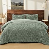 PHF Warm Sherpa Fleece Queen Comforter Set, 3D Tufted Fluffy Sage Green Bedding for Winter, Soft 3 Pieces Shaggy Bed Set, 1 Comforter (90"x90") and 2 Pillowcases (20"x26")