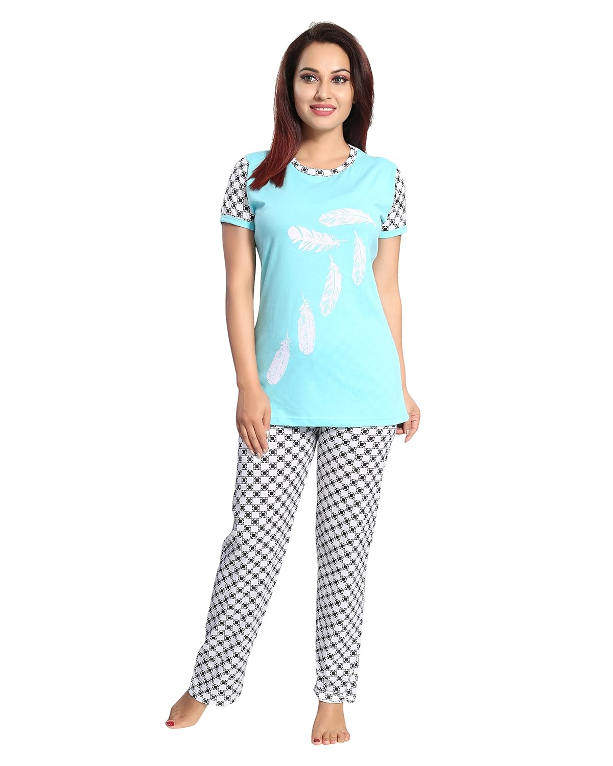 9shines label premium printed cotton top & pyjama/pajama set for women - blue (m)