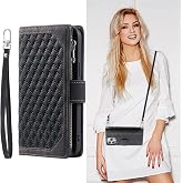 SINQERISHT Crossbody Wallet Case for Apple iPhone 11 Pro Max Leather Phone Case with Card Holder Kickstand &amp; Wrist Strap Cover Magnetic Closure Flip Handbag Zipper Purse Shell for Women(Black)