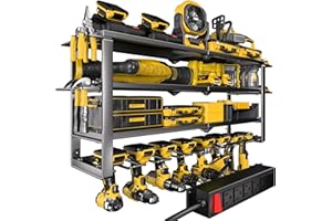 Spampur Heavy Duty 4-Tier Power Tool Organizer Wall Mount Rack, Quick Assembly Tool Wall Organizer with 8 Drill Holders & Charging Station, for Garage Workshop Shed Organization - 4 Shelves 8 Slots