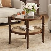 Small Round Coffee Table Glass Top, 22" Circle Coffee Table, 2-Tier Storage | Small Round Coffee Table for Living Room, Tempered Glass Top, PE Rattan Shelf, Roman-Style Legs, Mid-Century Style
