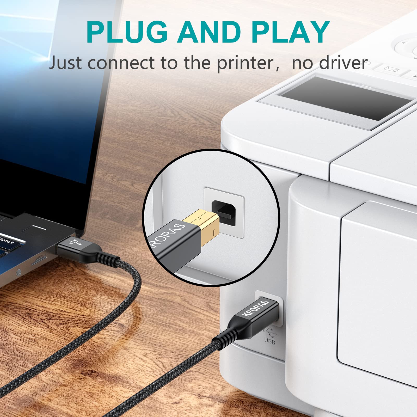 KRORAS USB 2.0 Printer Cable 20 feet, USB Type A Male to B Male Scanner Cord High Speed for HP, Canon, Dell, Epson, Lexmark, Audio Interface, Midi Keyboard and More