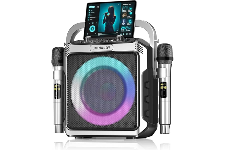 Portable Karaoke Machine, with 2 Wireless Microphones & LED Lights | Bluetooth Party Speaker with Loud Subwoofer, USB/AUX, Outdoor Karaoke Speaker for Adults & Kids, Home & Party