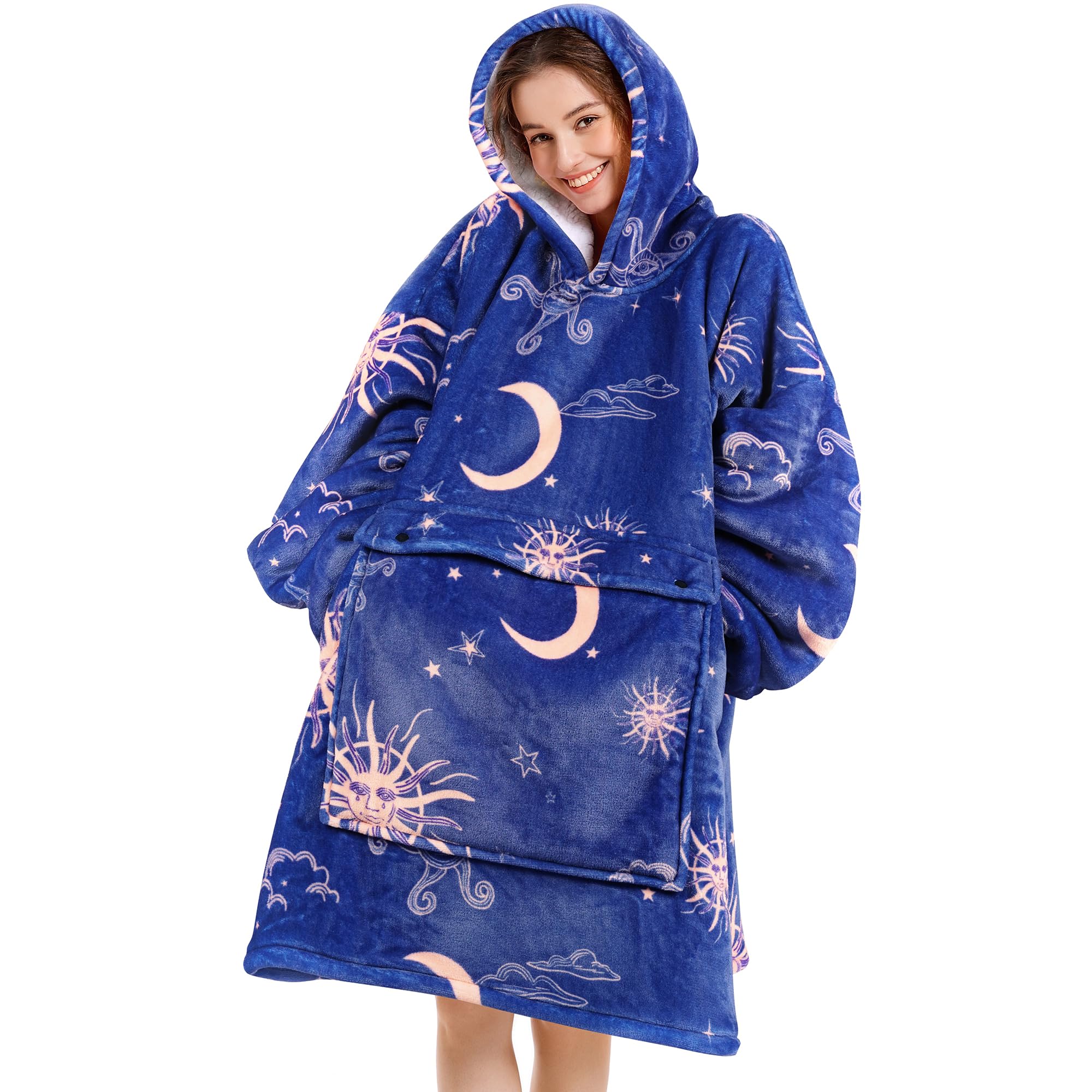Narecte Oversized Blanket Hoodie Wearable Blanket Sweatshirt for Women Adults Soft Hooded Blanket Warm Oversized Hoodie Blanket Birthday Gifts for Women Christmas Gift for Friends Female SunMoon