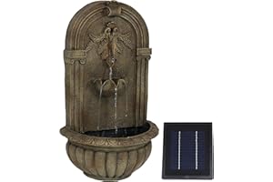 Sunnydaze Florence 27-Inch Polystone Solar Wall Water Fountain with Battery Backup - Florentine Stone Finish