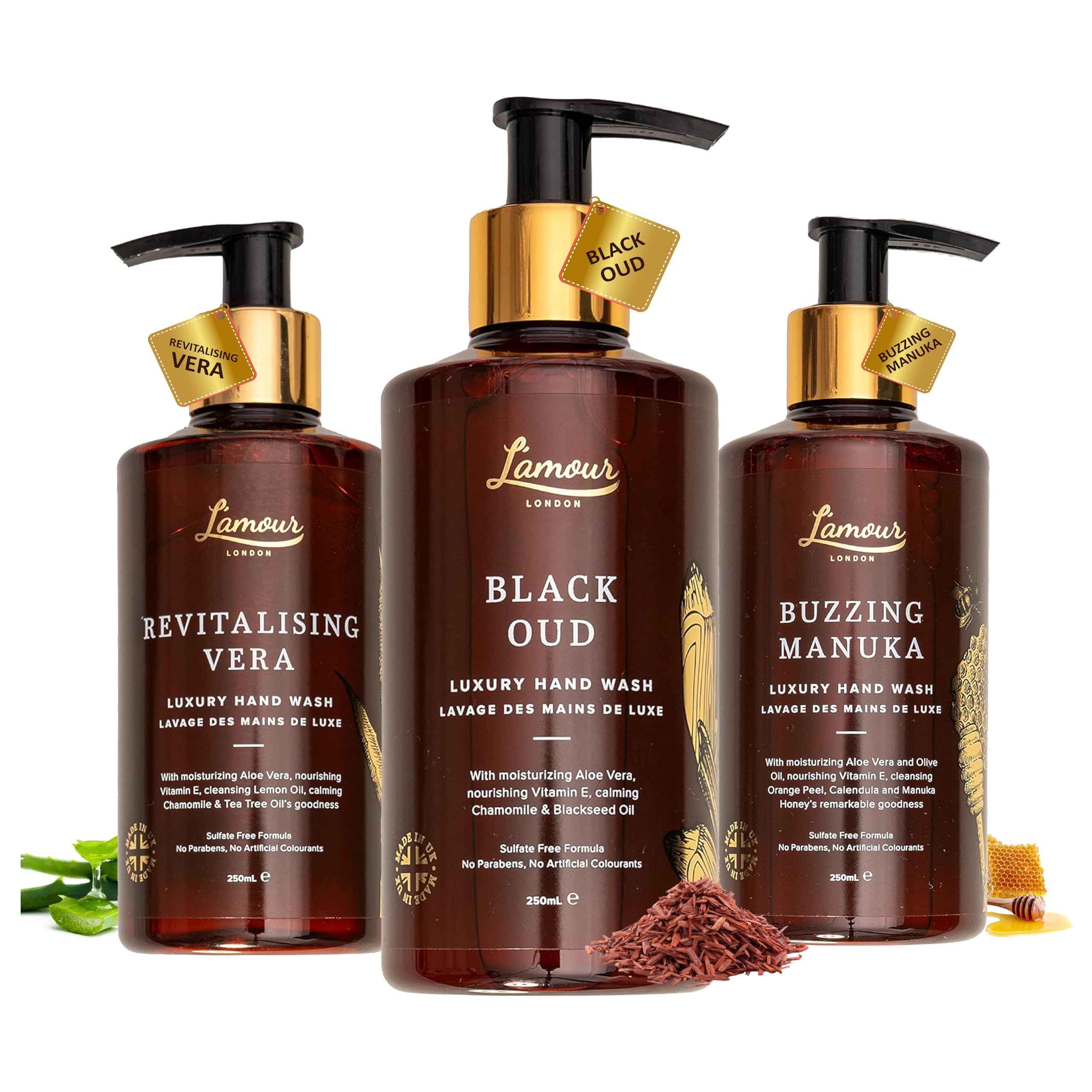 L'amour London| Luxury Bliss Hand Wash Collection | Oud | Manuka | Aloe Vera | Essential Oils | Sulphate Free | Gentle for dry and sensitive skin | 250mL | PACK of 3