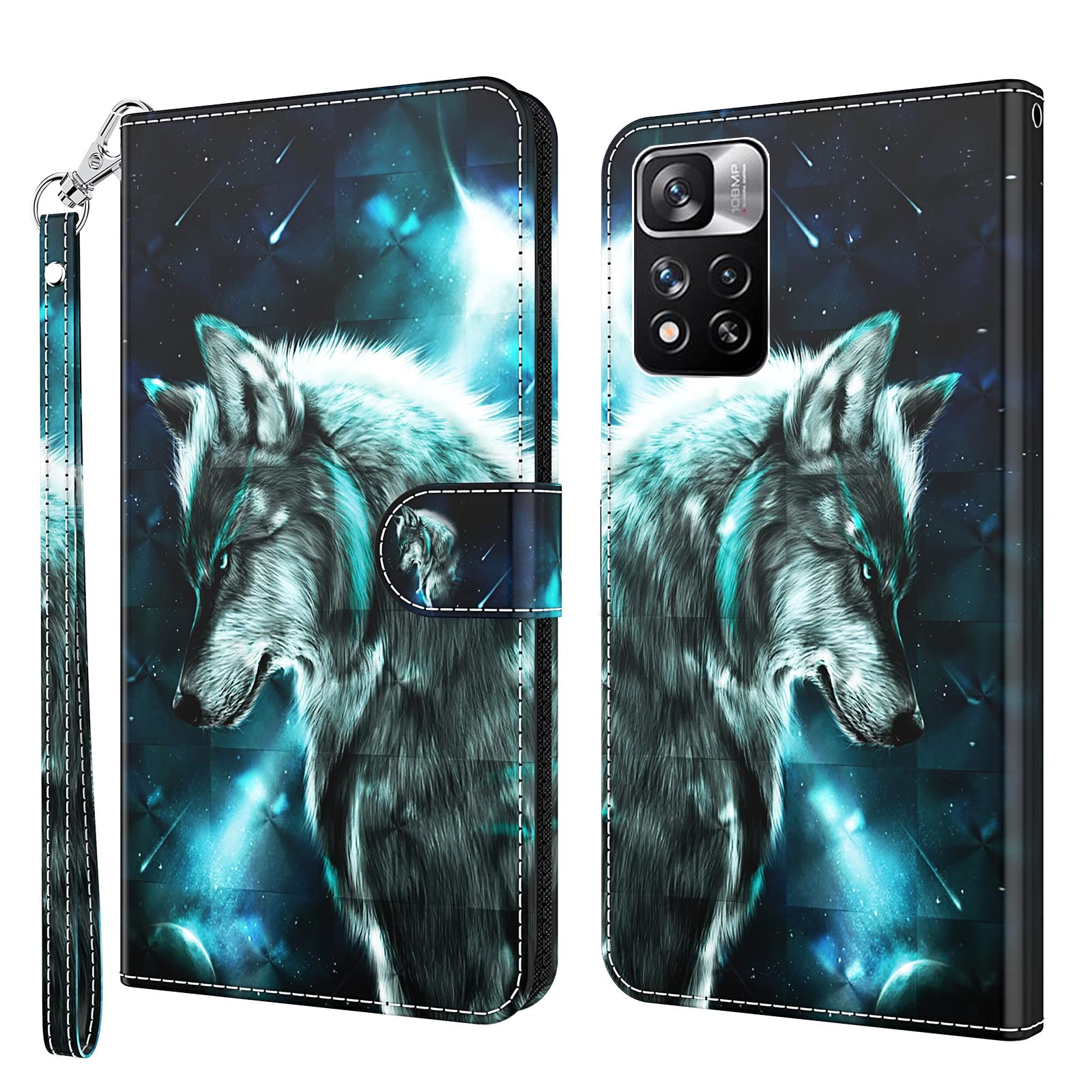 GLANDOTU Case for Xiaomi Redmi Note 11 4G 6.43 inch, Flip Folio Wallet PU Leather Cover with Magnetic Button, Standing Function Full-Body Protective for Redmi Note 11S Phone Cases -Wolf