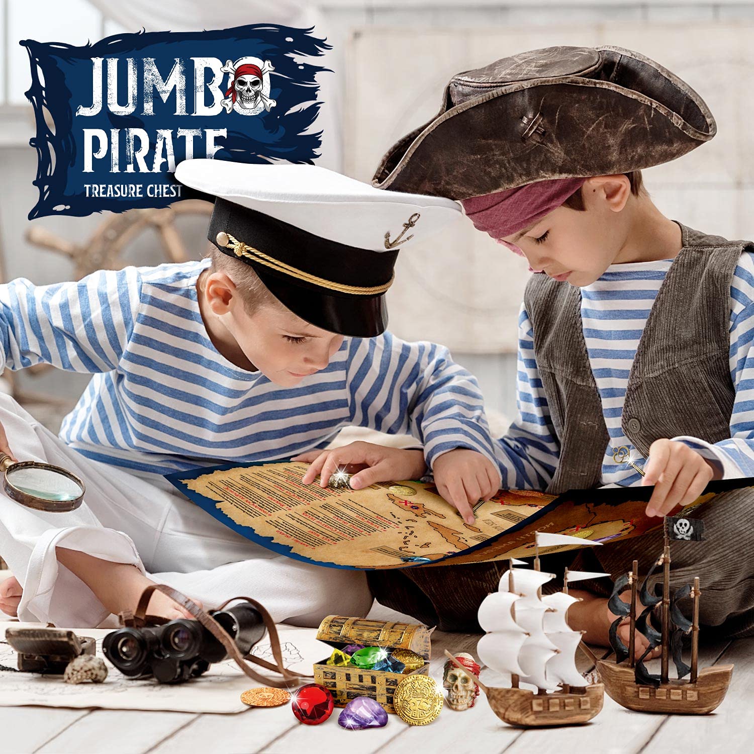 XXTOYS Jumbo Pirate Dig Kit - Dig up 12 Pirate Treasures, Gemstones, Gold Coins - Pirate Toys for Kids - Great Birthday Party Supplies, Gifts Idea for Boys & Girls - Includes Treasure Chest