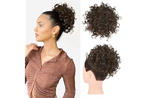 HOOJIH 1PCS Messy Hair Bun Hair Piece Elastic Drawstring Large Curly Wave 60 Gram Short Synthetic Ponytail Extension for Women Daily Use - Dark Chocolate Brown.