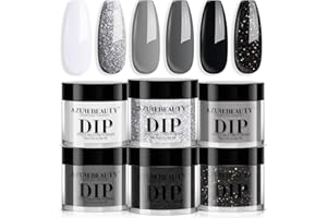 AZUREBEAUTY Dip Powder Nail Basic Set White Black Silver Grey Pure Sparkle 6 Colors All Seasons Dipping Powder Starter Kit French Nail Art Manicure DIY Salon for Women, No Need Nail Lamp Cured